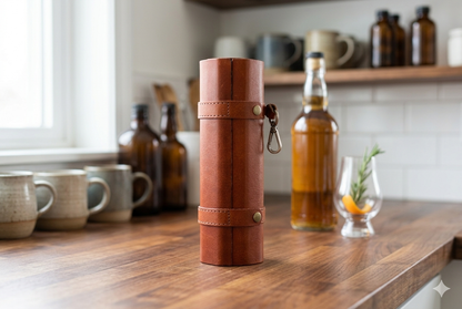 Double Dram hard-shell Glencairn case in Bourbon Chestnut, 3/4 lifestyle shot