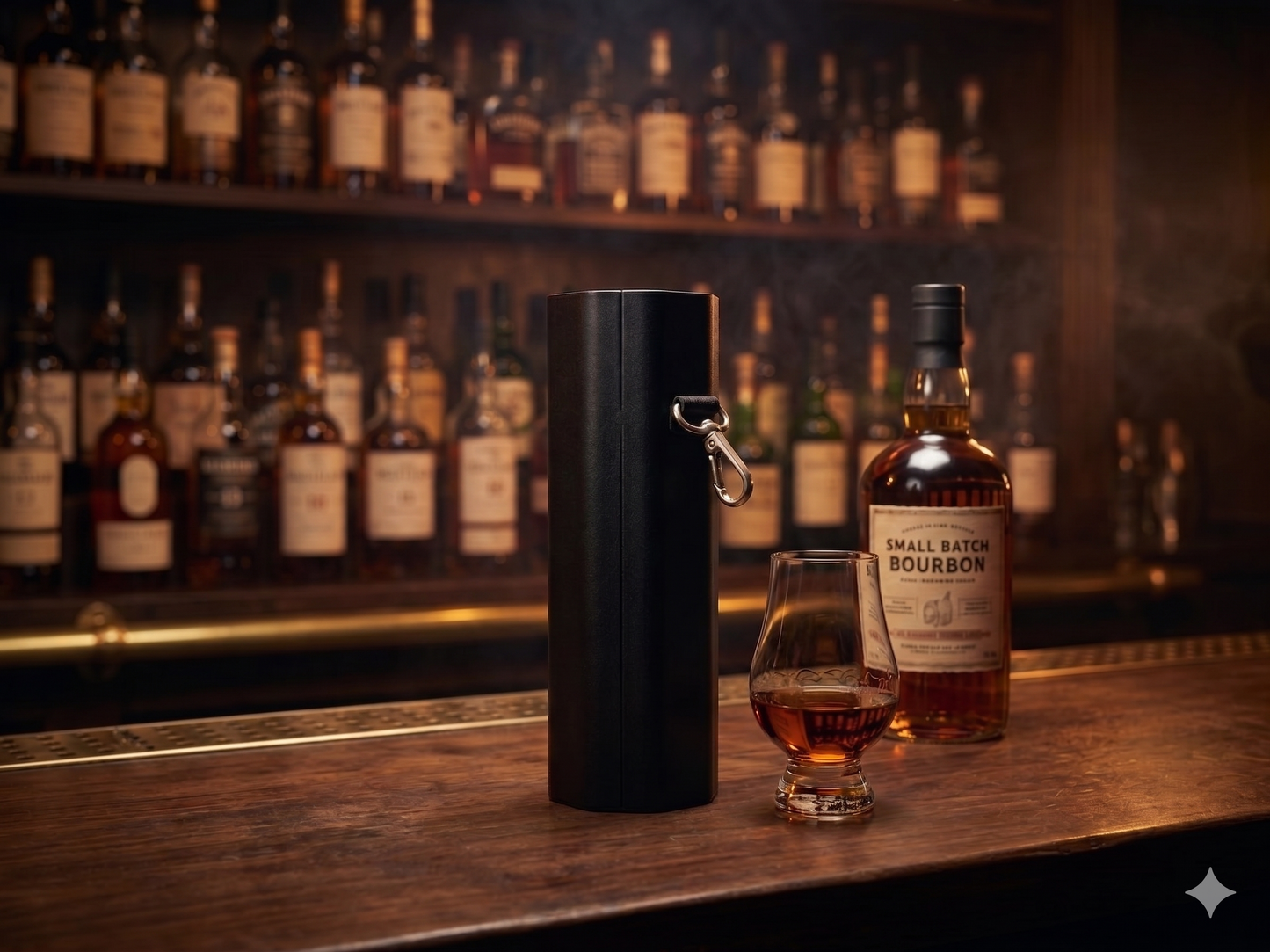 Double Dram hard-shell Glencairn case in Charred Oak, 3/4 lifestyle shot