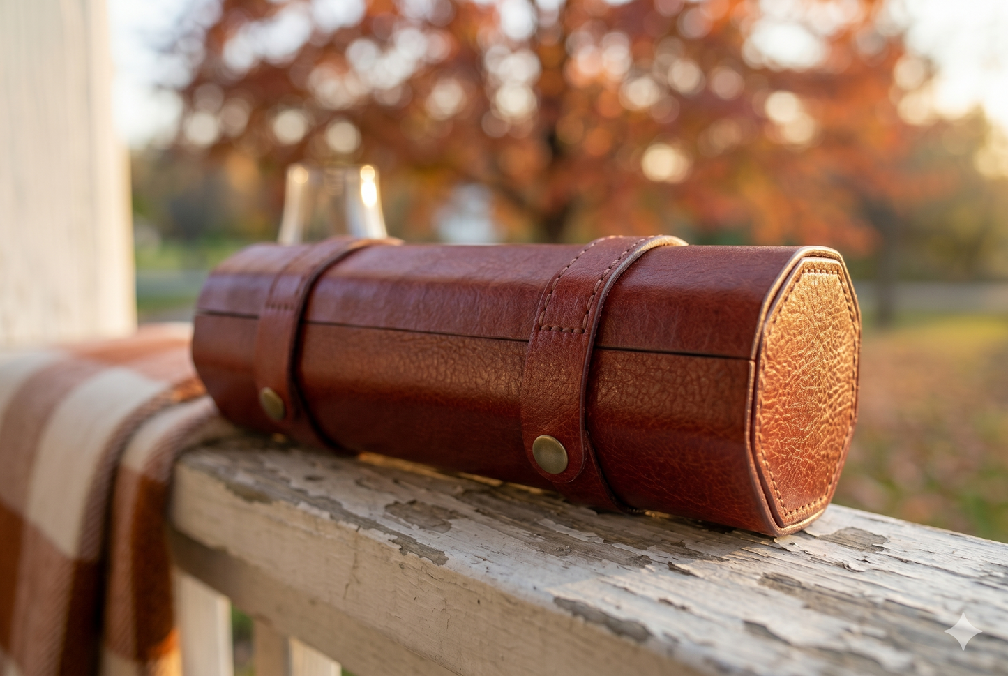 Double Dram hard-shell Glencairn case in Reserve Cognac, 3/4 lifestyle shot
