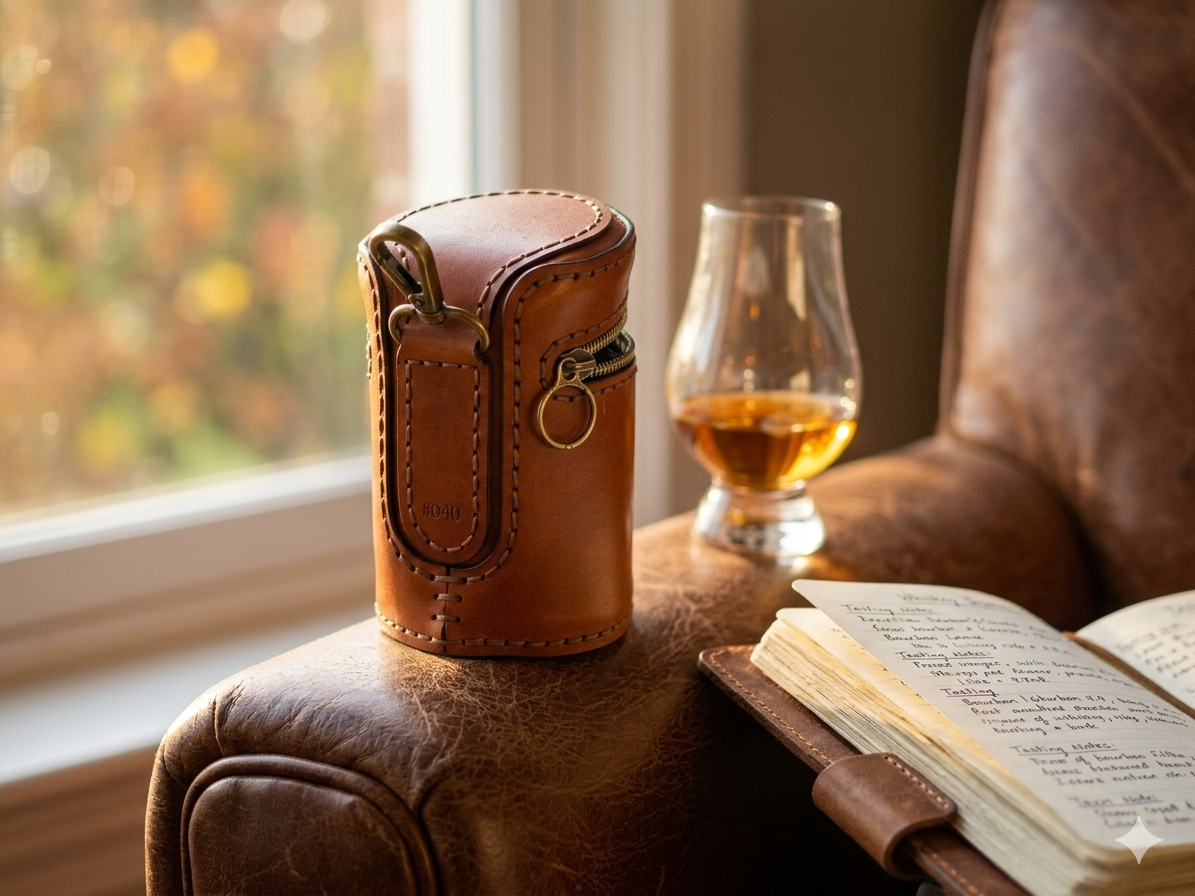 Glencairn leather travel case in Bourbon Chestnut, 3/4 lifestyle shot, handmade Italian leather