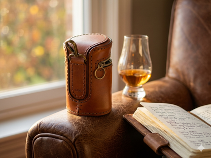 Glencairn leather travel case in Bourbon Chestnut, 3/4 lifestyle shot, handmade Italian leather