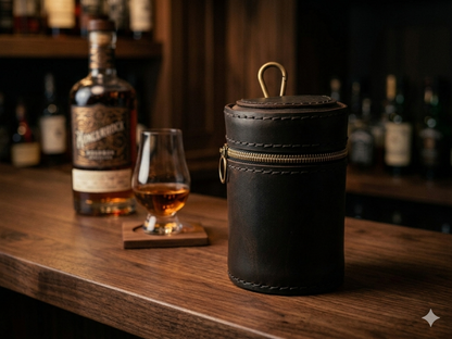 Glencairn leather travel case in Charred Oak, 3/4 lifestyle shot, handmade Italian leather