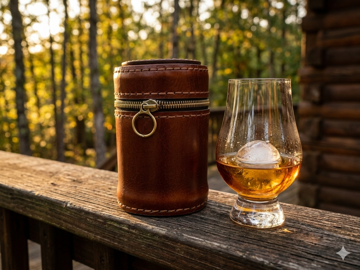 Glencairn leather travel case in Reserve Cognac, 3/4 lifestyle shot, handmade Italian leather