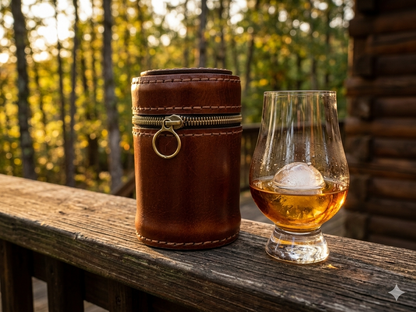 Glencairn leather travel case in Reserve Cognac, 3/4 lifestyle shot, handmade Italian leather